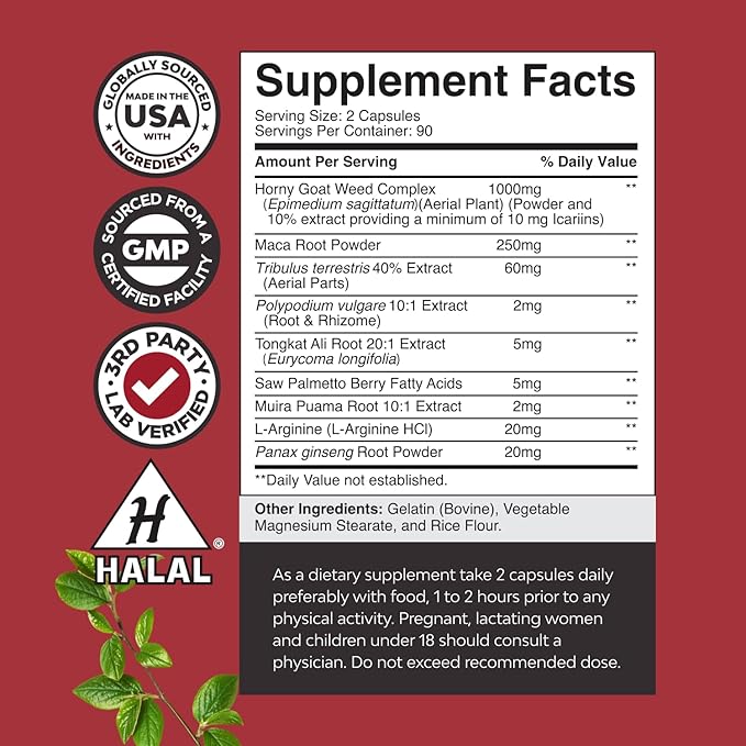 Horny Goat Weed for Men - Extra Strength Male Supplement with Black Maca Root, Tongkat Ali, Saw Palmetto & Panax Ginseng Extract for Stamina & Energy - 180 Capsules