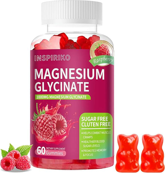 Magnesium Glycinate Gummies 1000mg - Sugar-Free Magnesium Potassium Supplement with Vitamin D, B6, CoQ10 for Adults & Kids,High Absorption for Calm Mood & Sleep Support - 60 Raspberry Gummies