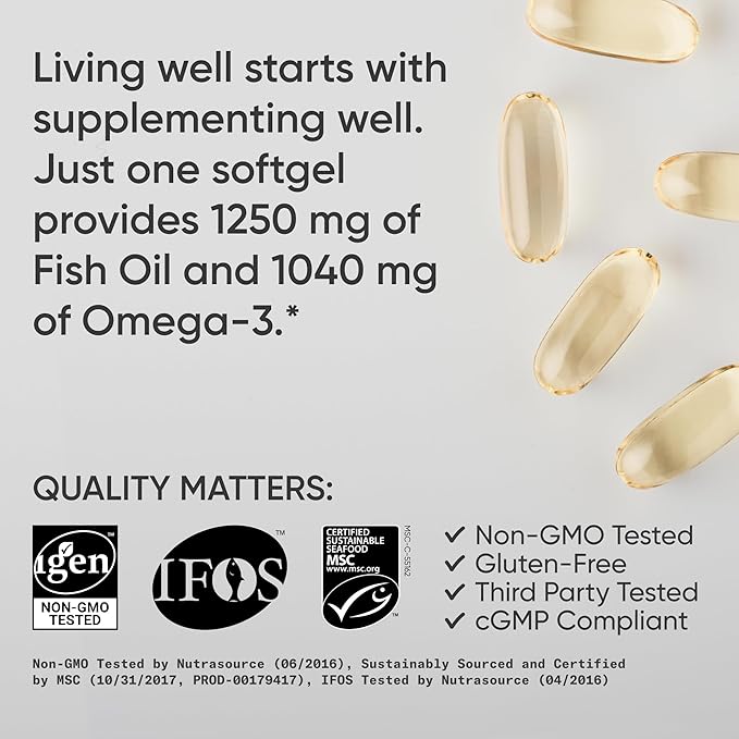 Sports Research® Omega-3 Fish Oil 1250 - Triple Strength Fish Oil Supplement from Wild Alaska Pollock - MSC Certified Sustainable · Non-GMO · Soy Free - 90 Softgel Capsules