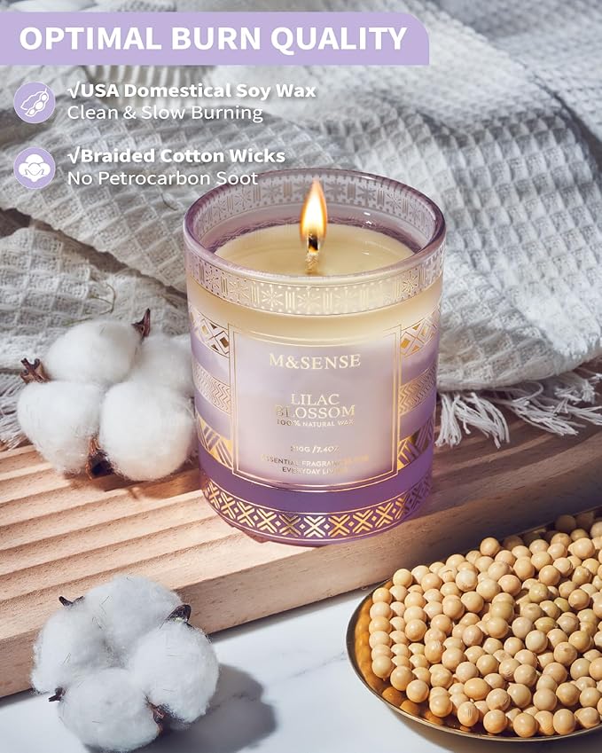 M&SENSE Lilac Blossom Soy Candles for Home Scented, 7.4oz 45 Hour Long Burning Aromatherapy Candle for Stress Relief Meditation Yoga Relaxing SPA, Christmas Thanksgiving Halloween Gifts for Her
