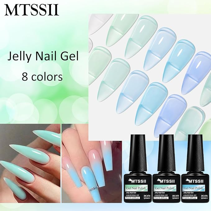 MTSSII Jelly Green Blue Gel Nail Polish Set, 8 Transparent Sage Green Baby Blue Gel Polish Matcha Avocado Soak Off Nail Art Design Home Manicure Kit Gifts