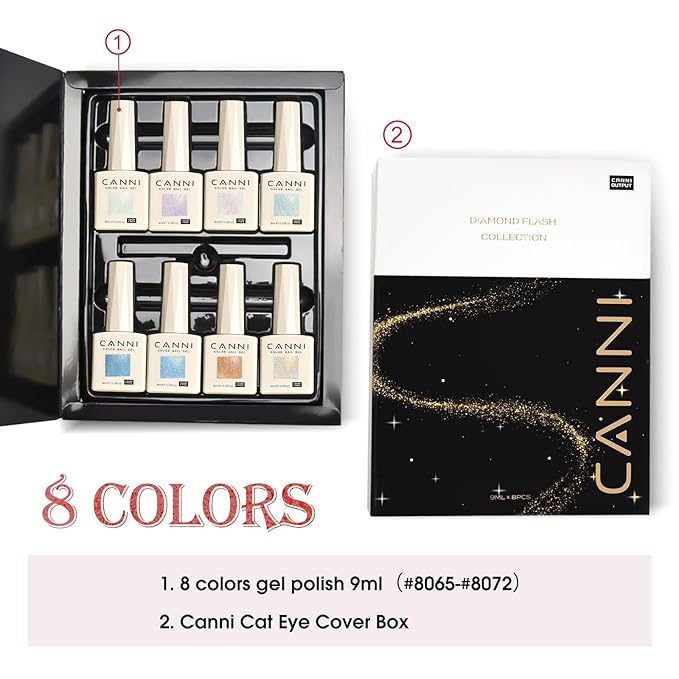 CANNI 8 Pcs 9 ML Glitter Gel Nail Polish Set, Shimmer Sparkly Gold Blue Yellow Purple Green Colors Gel Polish Kit Soak Off Led Manicure Salon DIY Gifts