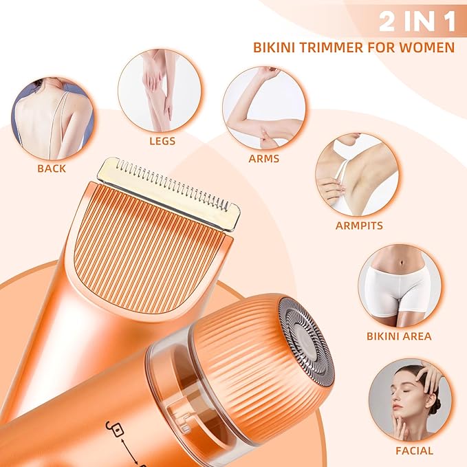 Bikini Trimmer for Women,Dual Head Shaver, IPX7 Waterproof, Compact Travel Design Bikini Shaver for Public Hair, Facial and Body(Orange)