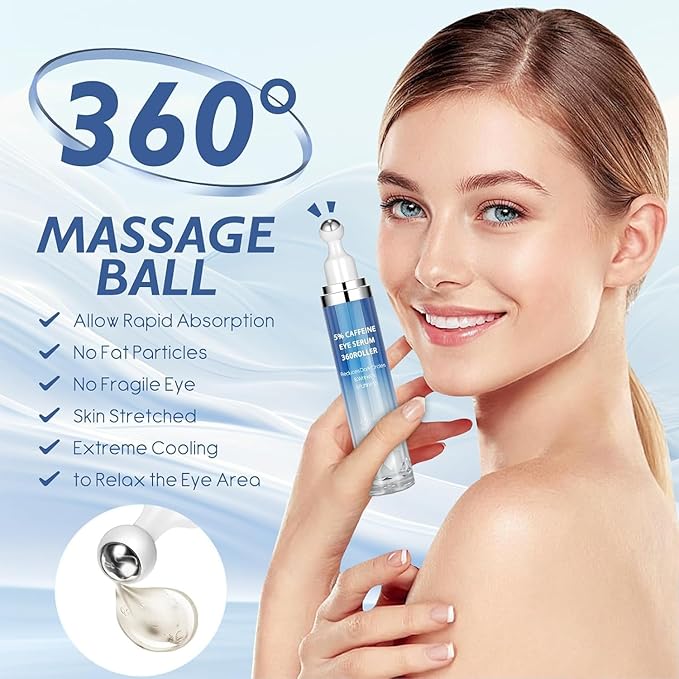 5% Caffeine & Retinol Eye Cream with 360° Roller – Hydrating & Anti-Aging Formula for Fine Lines, Puffiness, Dark Circles & Bags – Moisturizing Treatment Serum for Women & Men