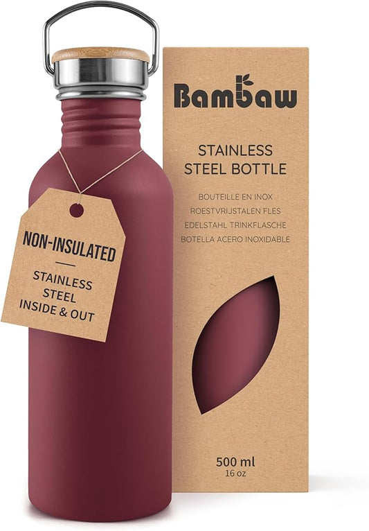Bambaw 16 oz Water Bottle Non-insulated, Metal Water Bottle Red, Single Walled Stainless Steel Water Bottle, Leak Proof Water Bottle for School, BPA Free Water Bottle no Straw – Red Berry