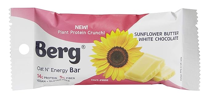 Berg Oat N' Energy Bar | Sunflower Butter White Chocolate | Plant Based Protein Bar | Non-GMO, Gluten Free, Nut Free and Vegan | Low Sugar, Healthy Snack Bar | High Fiber | On The Go | 2.5oz (8 Packs)