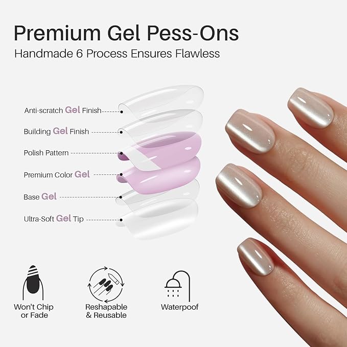 Cat Eye Nude Press on Nails Square - Soft Gel Press on Nails Short for Women Gift, Fit Perfectly & Natural Stick on Nails with Glue in 16 Sizes - 32 Reusable Fake Nails, Light Nude