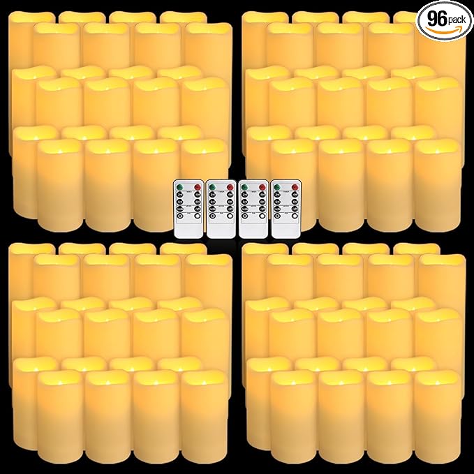 Set of 96 Waterproof Outdoor Flameless Candles, LED Candles with 4 Remote and Timer,(H 4" 5" 6" x D 2.2"),for Halloween Wedding Festival