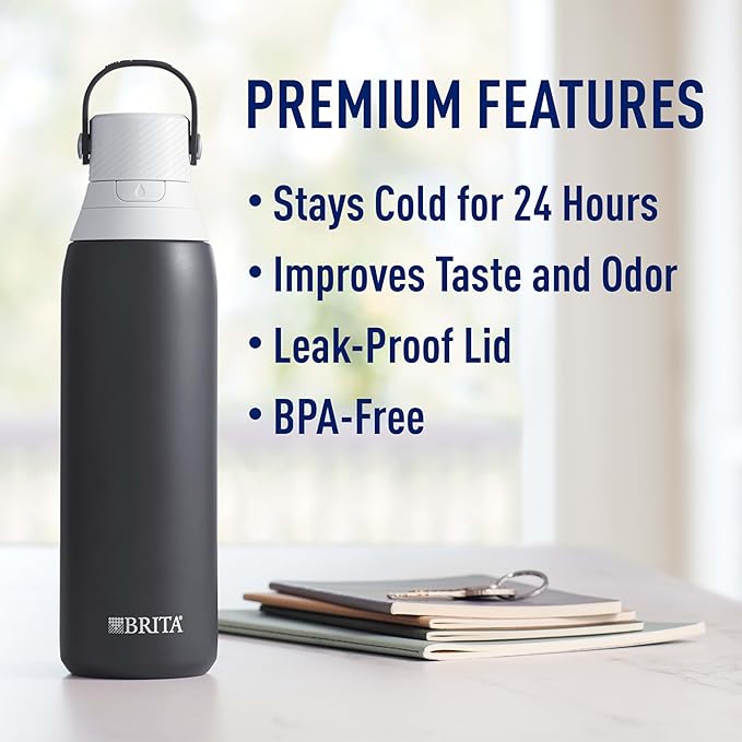 Brita Stainless Steel Premium Filtering Water Bottle, BPA-Free, Reusable, Insulated, Replaces 300 Plastic Water Bottles, Filter Lasts 2 Months or 40 Gallons, Includes 1 Filter, Carbon - 20 oz.