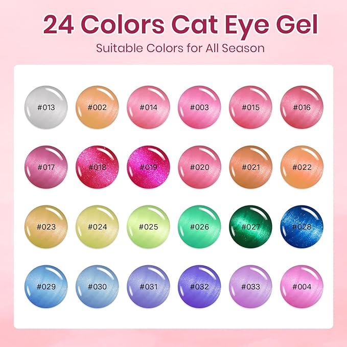 24 Colors Cat Eye Gel Nail Polish Set, Summer Magnetic Nail Gel Polish Silver Nude Pink Blue Cateye Gels for Nails Varvish Home DIY