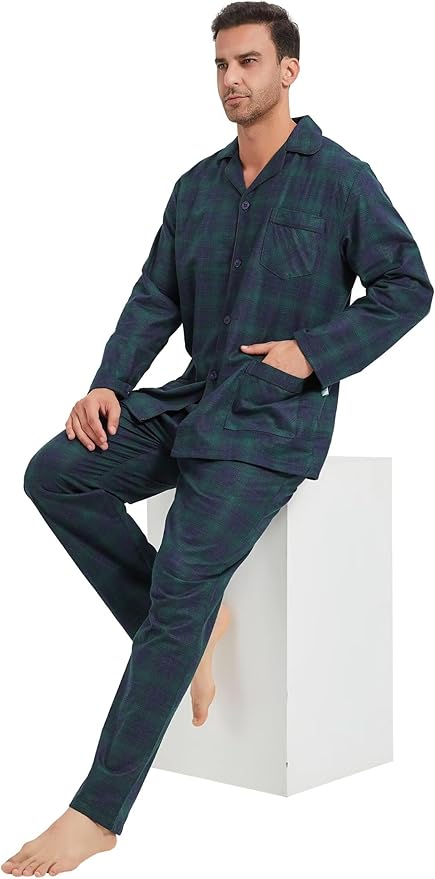GLOBAL Men's Pajamas Sets 100% Cotton Flannel Sleepwear Long-Sleeve top & Bottom