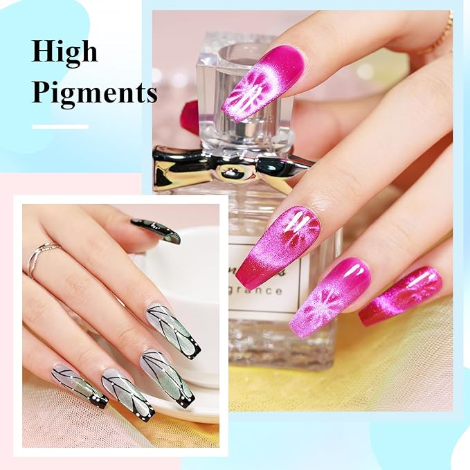 Neon Cat Eye Gel Nail Polish Set 10 Colors: Magnetic Cateye Gel Polish 9D Effect, Sparkle Glitter Bright Red Hot Pink Blue Nail Polish Long Lasting Soak Off Home Salon