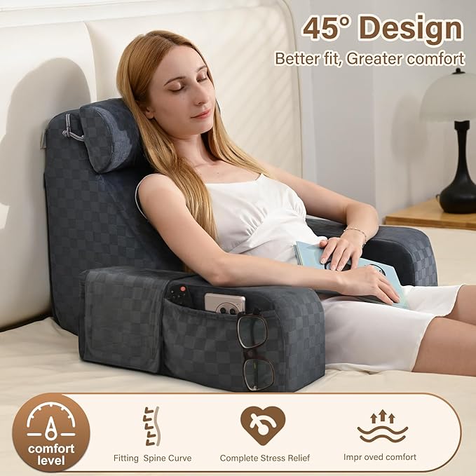 Vekkia Reading Pillow with Adjustable-Arms & Headrest – Multi-Firm Foam Backrest Cushion for Adults with Extra-Large Pockets for Reading, TV, Gaming & Work, Recovery on Bed & Floor, 19"(Grace Grey)