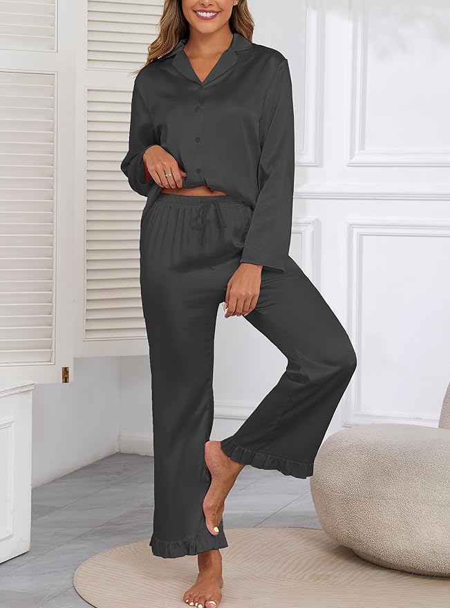 Veseacky Womens Satin Pajama Set Silk Pjs Button Down Long Sleeve Sleepwear Loungewear Sleepwear 2 Piece Pjs Set S-XXL