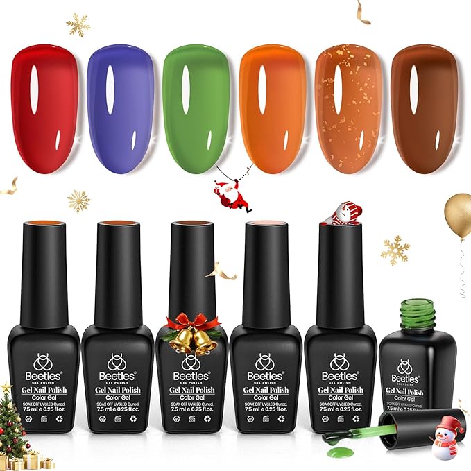 Beetles Christams Gel Polish - Fall Glimmer 6 Colors Jelly Polish Set, Tortoise Brown Christmas Red Green Jelly Colors Nail, Soak Off LED UV Curing Manicure Kit Gift for Women
