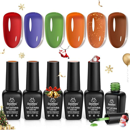 Beetles Christams Gel Polish - Fall Glimmer 6 Colors Jelly Polish Set, Tortoise Brown Christmas Red Green Jelly Colors Nail, Soak Off LED UV Curing Manicure Kit Gift for Women