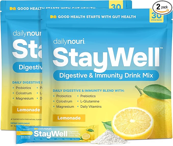 DAILYNOURI StayWell Digestive & Immunity Drink Mix | Supports Gut Health, Digestion, Immunity & Energy | Probiotics, Prebiotics, Colostrum & Daily Vitamins | 30 Stick Packs