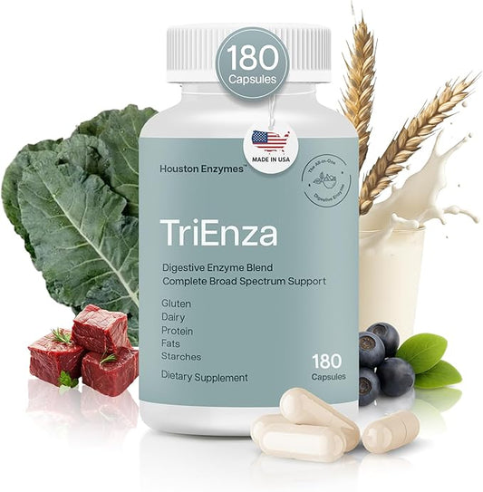 Houston Enzymes TriEnza Digestive Enzymes for Women & Men, Digestive Enzyme Supplements for Proteins, Carbs, Fats & Polyphenols Help Break Down Wheat, Dairy, Soy, 180 Capsules (90 Doses)