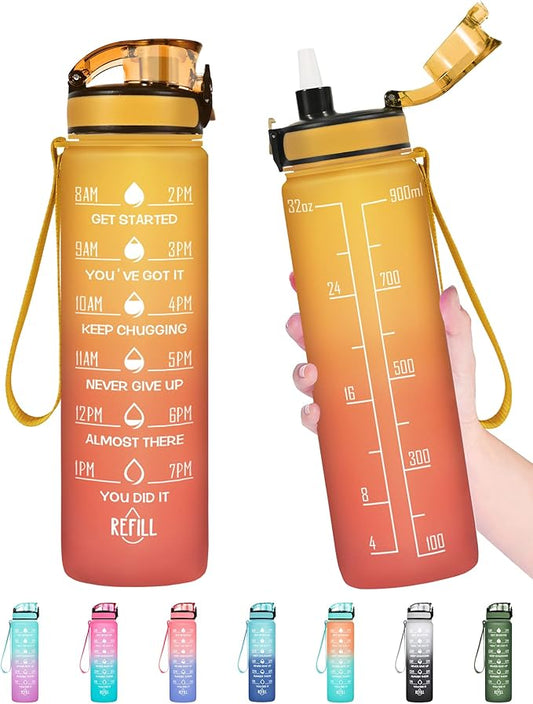 Enerbone Water Bottle, Leakproof BPA & Toxic Free, Motivational Water Bottle with Times to Drink and Straw, Fitness Sports Water Bottle with Strap for Office, Gym, Outdoor Sports