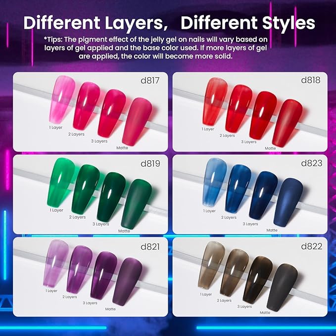 Beetles Vivid Noel Jelly Gel Nail Polish Set - 6 Colors Jelly Gel Polish Kit Pink Red Black Blue Green Purple Sheer Translucent Effect Soak Off UV DIY Home Salon Manicure Gift for Women