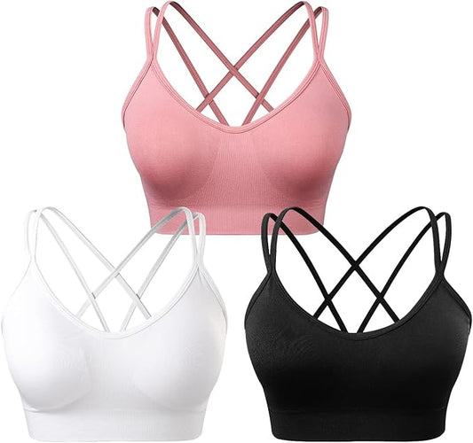 Women's Cross Back Sports Bra Padded Strappy Medium Support Yoga Bra for Workout Fitness 3 Pack