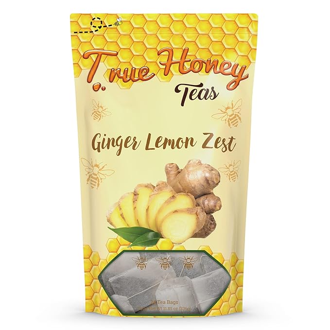 True Honey Lemon Ginger Tea Bags - Honey Crystals Blended in Every Sachet - Healthy Digestion Nourishment - All Natural Organic Herbal Caffeine Free Tea Bag 24 Count