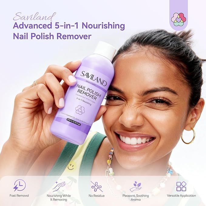 SAVILAND Advanced 5-in-1 Acetone Nail Polish Remover: Soak off Gel Polish Remover Quick and Nourishing Removal Acrylic Nail Glue Dip Powder with Essential Oils for Home Salon 240 ml