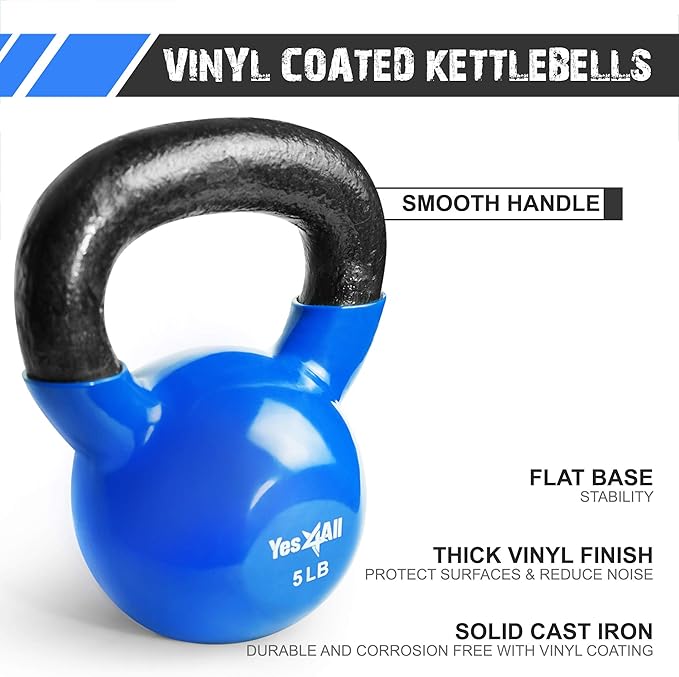 Yes4All Kettlebell, Vinyl Coated Kettlebell Cast Iron Sets with Stable Flat Bottom for Full Body Workout, Push up, Grip Strength Training & Weights Exercises