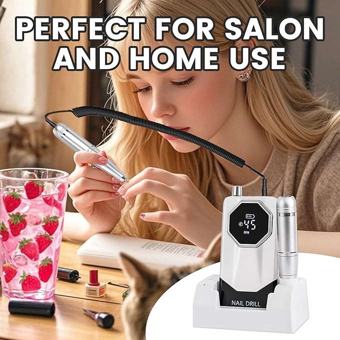 45000RPM Professional Cordless Portable Nail Drill Cordless Low Noise Nail Filer Electric Machine with Efile Bits & Base for Acrylic Nails, Nail Buffer Machine for Salon Home (Grey)