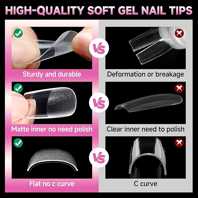 UNA GELLA Nail Tips Square Fake Gel Nails 120pcs Pre-buff Matte Square Full Cover False Nail Tips Clear Acrylic Nails No C Curve S quare Tips for Press on Nail Extensions Home DIY Salon 12 Sizes