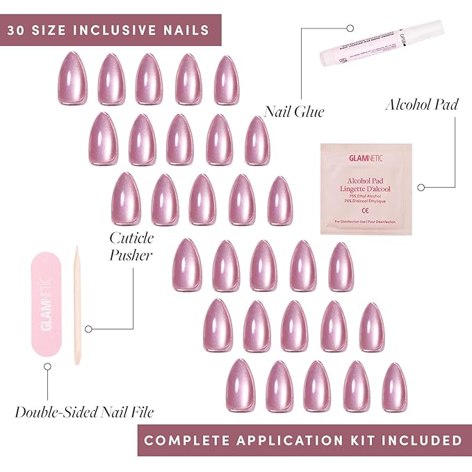 Glamnetic Press On Nails - Mertini | Short Almond Pink Cat Eye Fake Nails with Raised Gold Foil Accents, Salon Quality Summer Nails | 15 Sizes - 30 Nail Kit with Glue