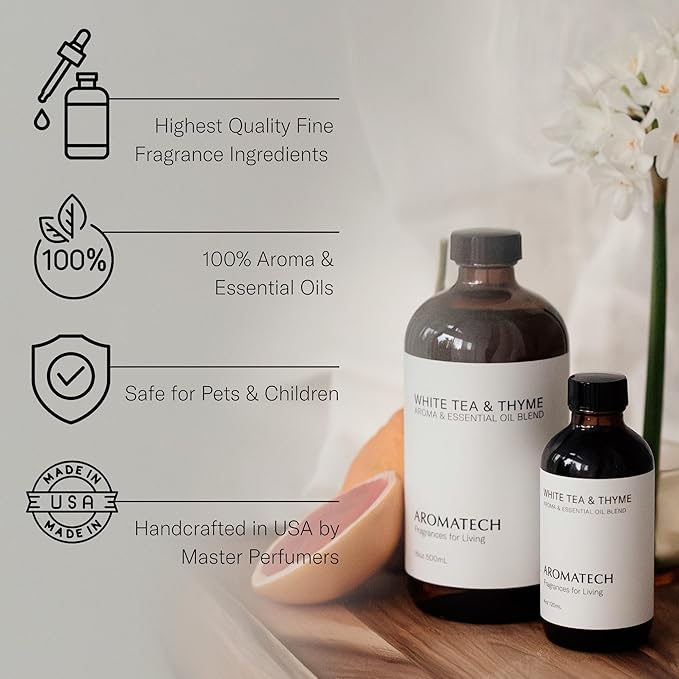 AromaTech White Tea and Thyme Aroma Essential Oil Blend: Luxury Hotel Inspired Aromatherapy with Tea Leaf, Fresh Thyme & Amber for Ultrasonic Diffusers & Nebulizers - 16 fl oz, 500 mL