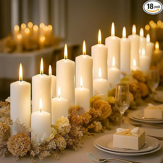 18 Pcs White Pillar Candles Bulk Set，2x3 2x6 2x8 Inch - 12 Each Size，Hurricane Candles，Dripless Unscented Smokeless，Gives You a Better Atmosphere When Organizing an Event Party.