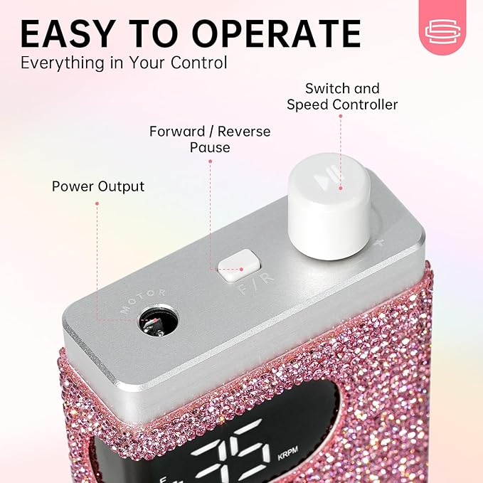 Rechargeable 35000RPM Nail Drill Sparkling Portable Professional Electric Nail File for Acrylic/Gel Nails Professional Nail Tools for Manicure Pedicure, Pink