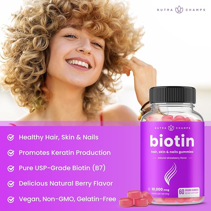 Biotin Gummies 10000mcg [High Potency] for Healthy Hair, Skin & Nails Vitamins for Women, Men & Kids - 5000mcg in Each Hair Vitamins Gummy - Vegan, Non-GMO, Hair Health Supplement