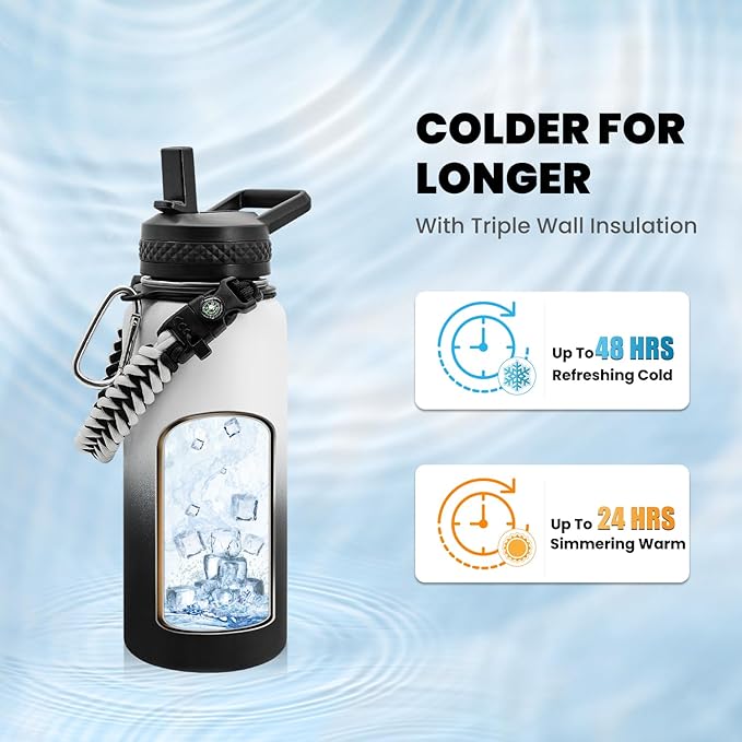 Insulated Water Bottle 32 oz, Triple Wall Vacuum Stainless Steel (Cold for 48 Hrs), Leak Proof & Non-BPA, Modern Water Flask Jug with Paracord Handle & Straw Spout Lids, Ombre: White/Black