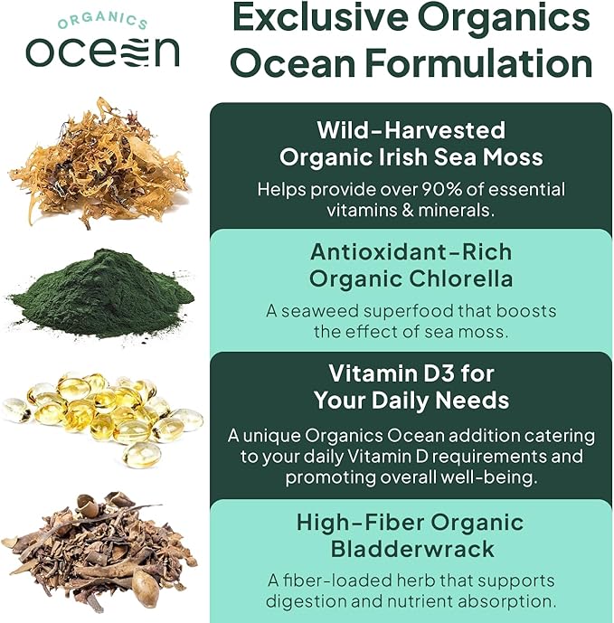 Organics Ocean Wild Sea Moss Capsules - 100% Organic Irish Sea Moss with Organic Chlorella, Bladderwrack and Vitamin D for Energy, Lung Health and Thyroid Support for Women and Men - 60 Capsules