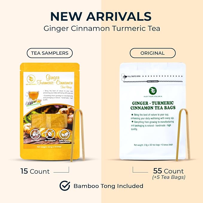 Ginger Cinnamon Turmeric Tea Samplers - 15 Count, Mini Tea Bags, Bamboo Tong Included, Re-Steep Corn Based Tea Bags, No Sugar Added, Natural Herbal Tea for Body Warm, Relax, Refreshing