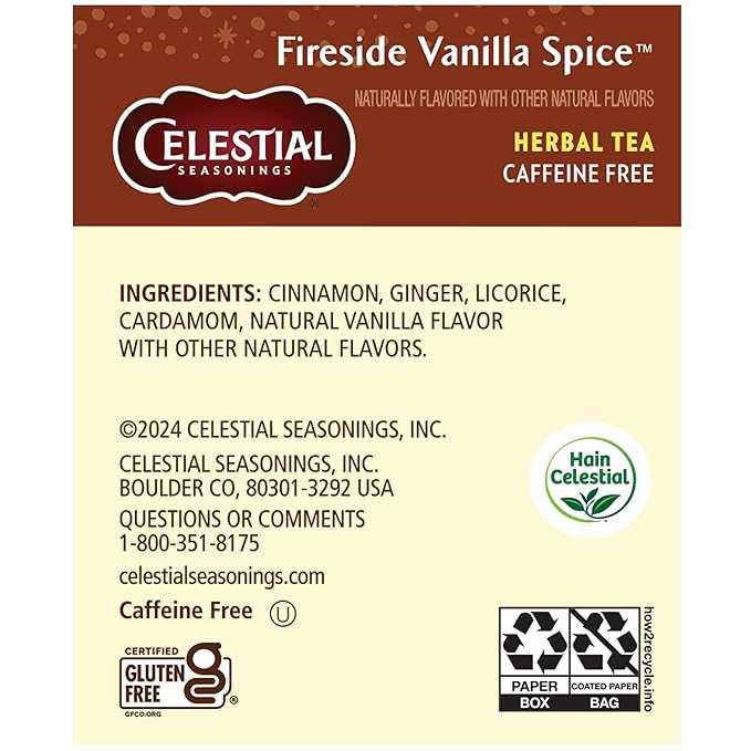 Celestial Seasonings Herbal Tea, Fireside Vanilla Spice, Caffeine Free, 20 Tea Bags (Pack of 6)