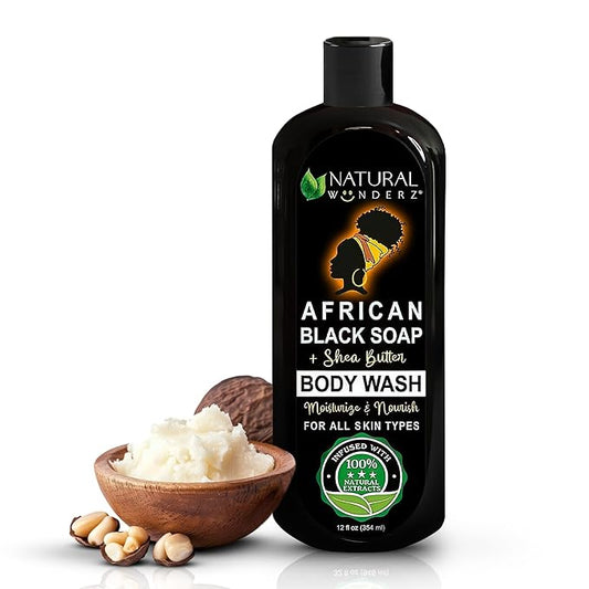 Natural Wunderz African Black Soap Body Wash, 12 oz – Sulfate‑Free, Vegan Cleanser with Shea Butter – Soothing, Detoxifying Shower Gel for Men & Women