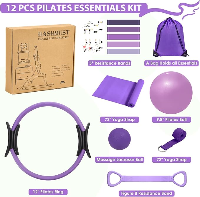 HASHMUST Pilates Ring Kit 12 PCS for Women, Home Workout Equipment with Magic Circle, Mini Exercise Ball, Resistance Bands, Massage Lacrosse, Yoga Strap, Full-Body Fitness Set for Toning & Gift