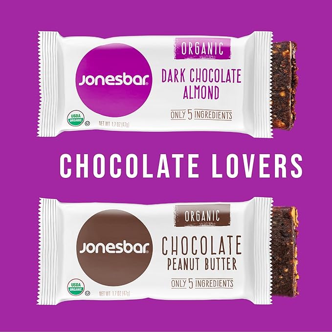 JONESBAR (Chocolate Lovers, 12 Count (Pack of 1)), USDA Organic Fruit & Nut Bar, Non-GMO, Kosher, Vegan, Gluten Free, Simple Snack Bar