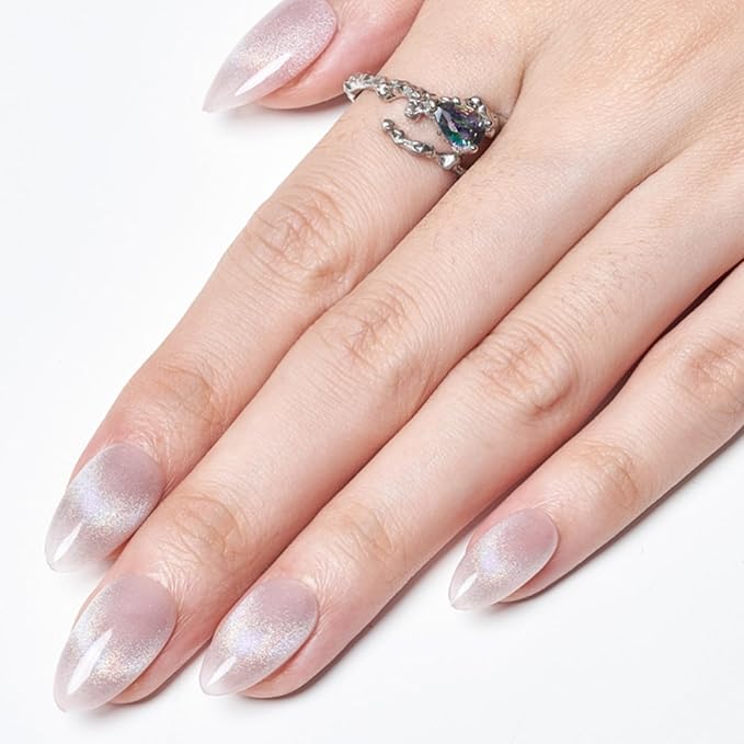 GLAMERMAID Nude Pink Cat Eyes French Tip Press on Nails Short Almond, Rainbow Magnet Handmade Gel Fake Nail Kit, Ombre Glitter Magnetic Glue on Nail Stiletto, Medium Oval Stick on False Nail for Women