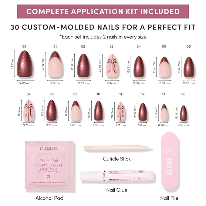 Glamnetic Press On Nails - She's A Gift | Short Almond Fake Nails in Burgundy Chrome with French Tips and Ribbon Designs with 3D Gems, Salon Quality Holiday Nails | 15 Sizes - 30 Nail Kit with Glue