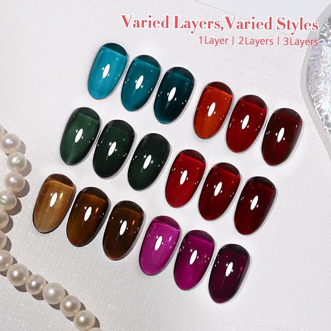 10ml Hema Free Gel Nail Polish Set, 6 Colors Transparent Jelly Gel Polish Kit Sheer Jelly Dark Red Deep Green Brown Blue Purple Color Manicure Gift for Art DIY and Salon