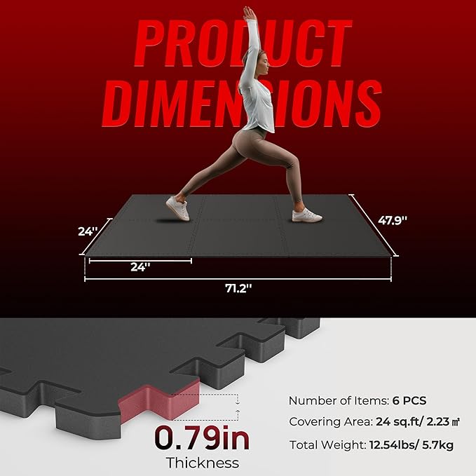 SUPERJARE 0.79'' Extra-Thick Exercise Equipment Mats, 6 Pcs 24 Sq Ft Rubber Top Floor Tiles with High Density EVA Foam, Interlocking Gym Flooring for Home Gym, Protective Workout Mat, Black