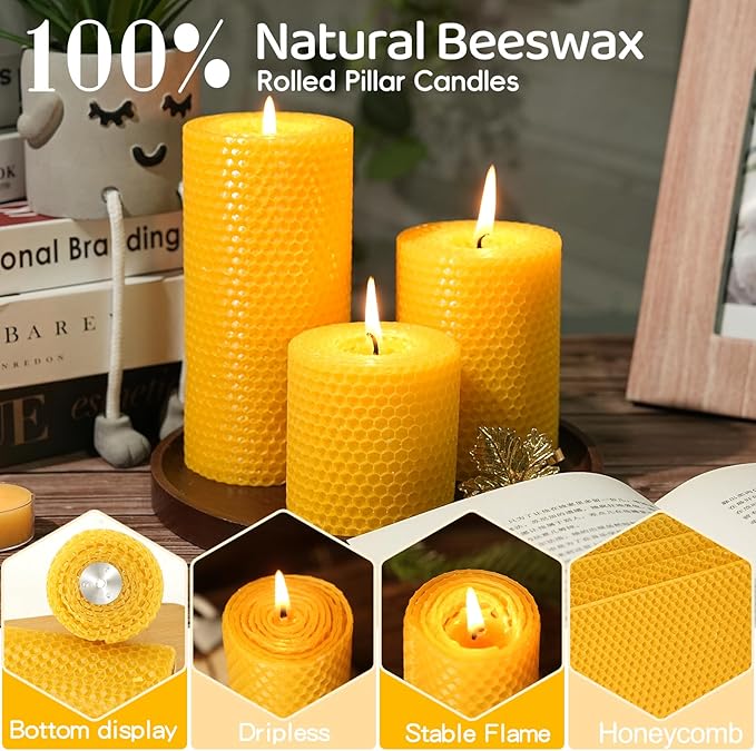 6 Pack Natural Beeswax Pillar Candles,2.8x6in Handmade Beeswax Rolled Candles,258 Hours Long Burning Honeycomb Bees Wax Candle for Gift & Home Decor,Dripless Smokeless Unscented