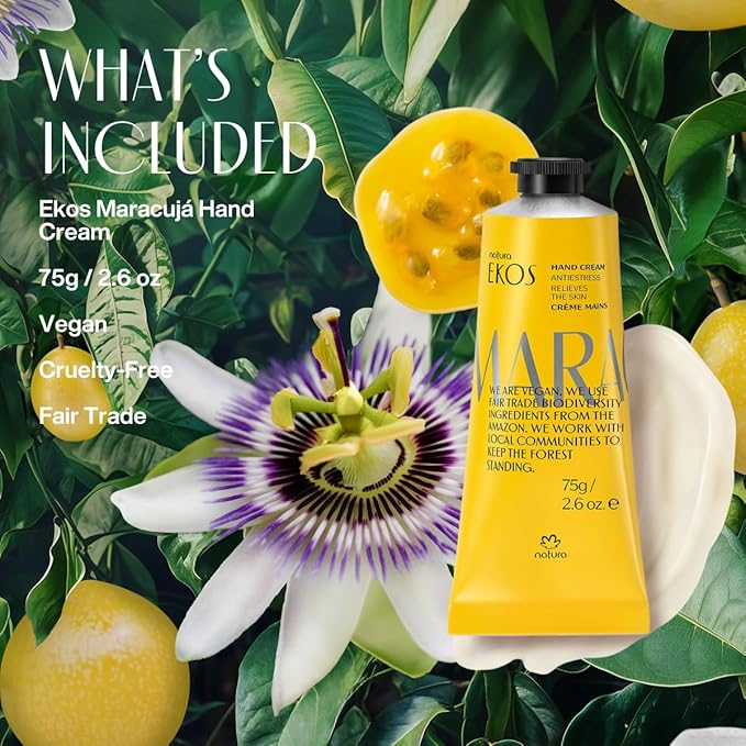 Natura - Ekos Passion Fruit Hand Cream - Calming Balm - Fast Absorption - 24-Hour Deep Hydration Skin Moisturizer - Vegan Skin Care - Brazilian Beauty Secrets - Self Care & Body Care - 2.6oz (75g)
