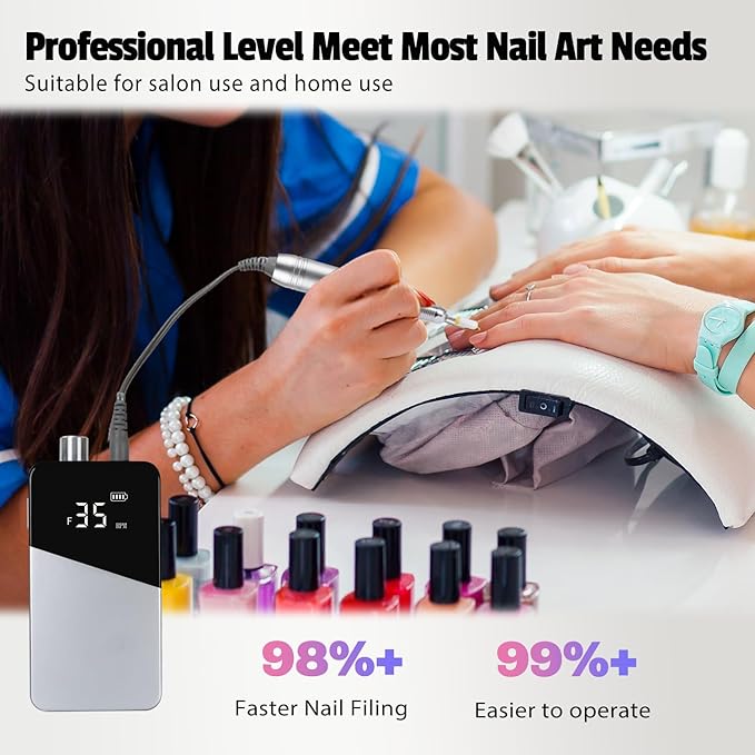 Electric Nail Drill Machine 35000RPM Professional Portable Nail File Cordless Rechargeable Nail Efile for Acrylic Gel Nails Manicure Pedicure Polishing Shape Tools for Salon (Silver)