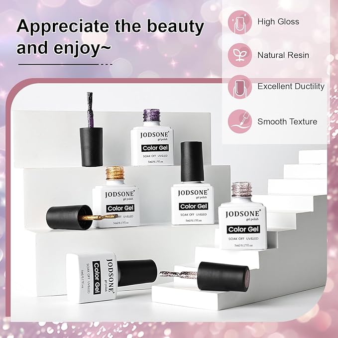 JODSONE 12 Bottles Gel Nail Polish Set with Base Coat and Top Coat Great Holiday Gift for Ladies and Girls